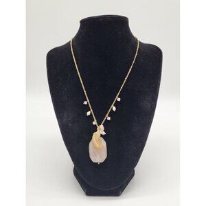 CÄRA Necklace Pearls Wire Wrapped Pink Quartz Gold Feather Charm Gold Tone